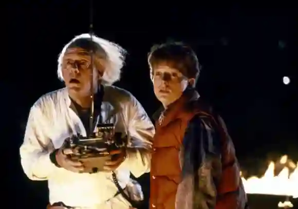 "Marty McFly" (Michael J. Fox) and "Doc Brown" (Christopher Lloyd) in the movie "Back to the Future".