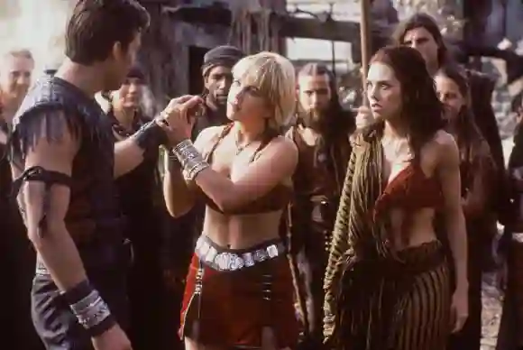Adrienne Wilkinson and Renée O'Connor in Xena: Warrior Princess.
