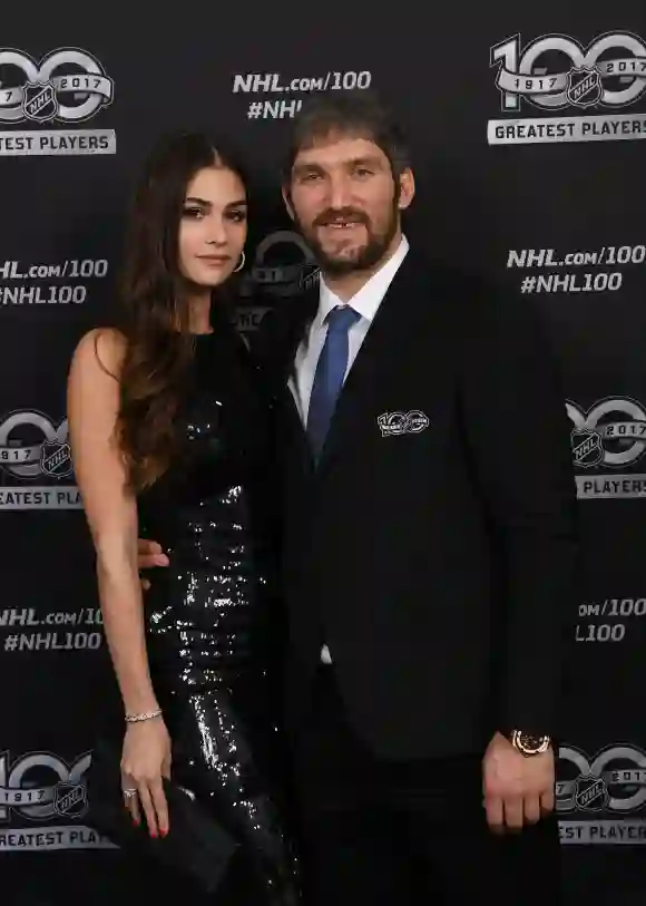 Alex Ovechkin and wife Nastya Shubskaya pose for a portrait at the Microsoft Theater as part of the 2017 NHL All-Star Weekend on January 27, 2017