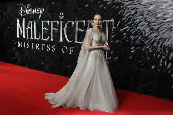 Angelina Jolie poses on the red carpet upon arrival for the European premiere of the film 'Maleficent: Mistress of Evil,' October 9, 2019.