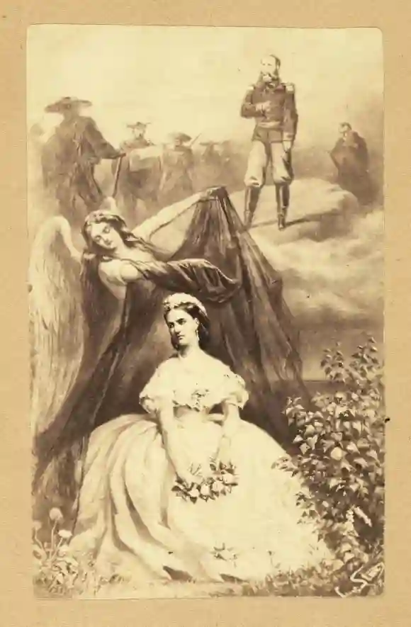 Grabado de de 1868 de la Emperatriz Carlota de luto por la muerte del Emperador Maximiliano