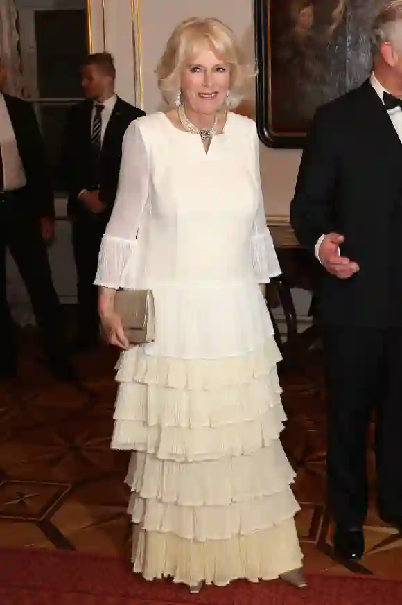 Camilla, Duchess of Cornwall arrives at the Hofburg Palace for a State Dinner on April 5, 2017 in Vienna, Austria