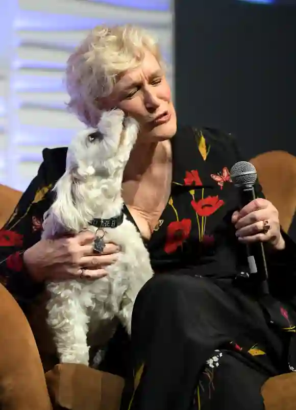 Glenn Close habla en el escenario con su perro Sir Pippin de Beanfield durante el 34o Festival Internacional de Cine de Santa Bárbara en Arlington Theatre el 2 de febrero de 2019 en Santa Bárbara, California.