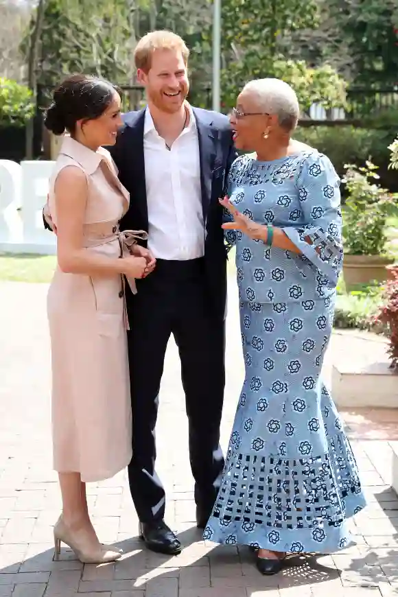 Prince Harry and Meghan meet Graca Machel, widow of the late Nelson Mandela on October 02, 2019 in Johannesburg, South Africa.