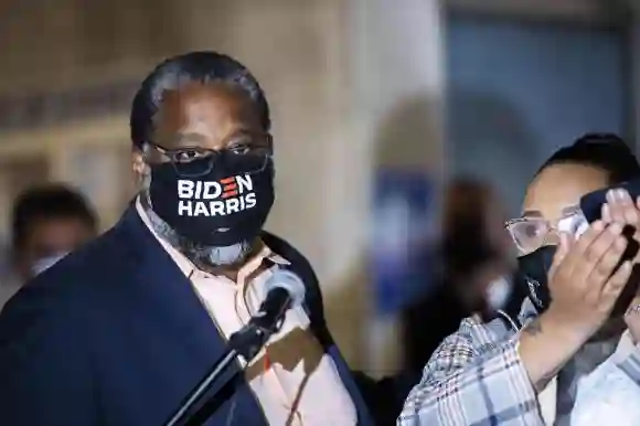 November 9, 2020, Everett, Massachusetts, USA: Tito Jackson and Tamika Bispham addressed the supporters gathered during