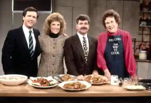 GOOD MORNING AMERICA, from left, Charles Gibson, Joan Lunden, Joel Siegel, Julia Child (1990 photo by Fred Watkins). ?AB