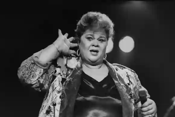 R&B  singer  Etta  James  singing  on  stage  during  23-act  country-rock  crossover  concert  in