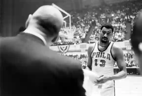 Philadelphia  76'ers,  Wilt  Chamberlain  (#13),  during  game  against  Boston  Celtics,  in  the