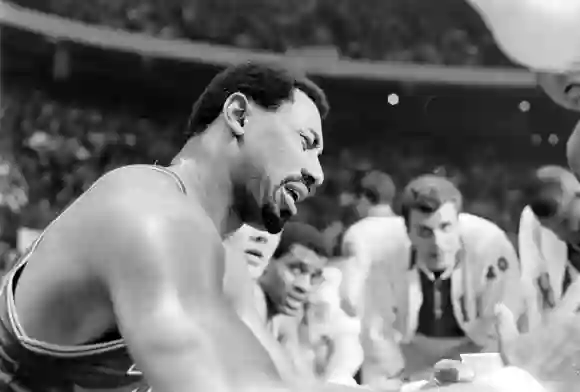 Philadelphia  76'ers,  Wilt  Chamberlain  (#13),  during  game  against  Boston  Celtics,  in  the