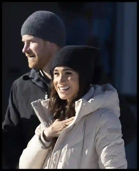 . 14/02/2024. Whistler, Canada. Prince Harry and Meghan Markle, the Duke and Duchess of Sussex, arriving at a training c