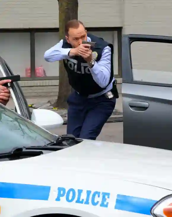 Donnie Wahlberg filming an action scene at the Blue Bloods set in Queens Featuring: Donnie Wahlberg Where: New York, Uni