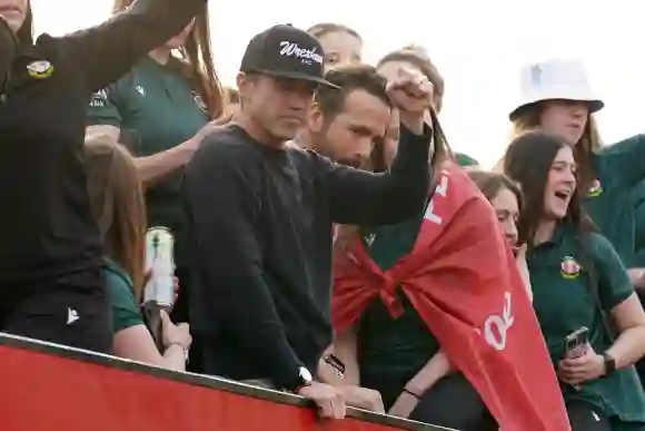 Wrexham Victory Parade Wrexham Co-Owners, Rob McElhenney and Ryan Reynolds (right) celebrate during a victory parade in