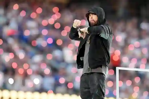 Syndication: The Enquirer Eminem performs during halftime of Super Bowl 56 between the Los Angeles Rams and the Cincinna