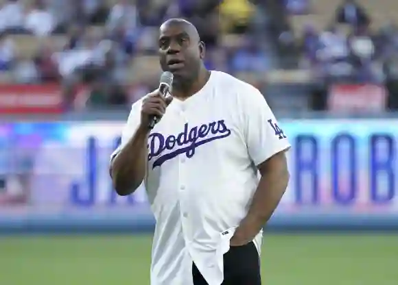 The Washington Nationals play the Los Angeles Dodgers at Dodger Stadium in Los Angeles on April 15, 2024. Magic Johnson