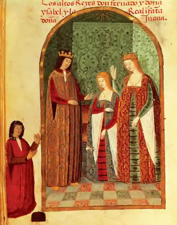 Ilustración de 1482 de Juana I de Castilla y sus padres Fernando de Aragón e Isabel de Castilla