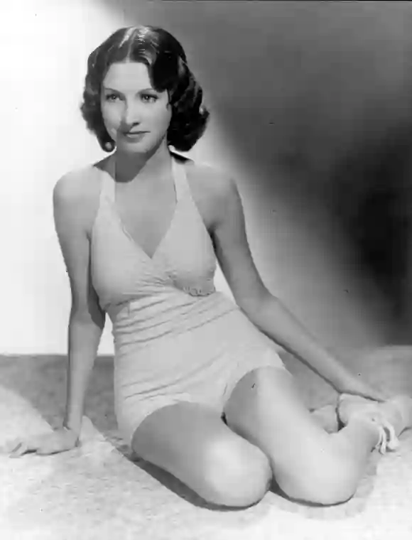 circa 1938: Katherine Kane, the young 'Radio' starlet models a swimsuit
