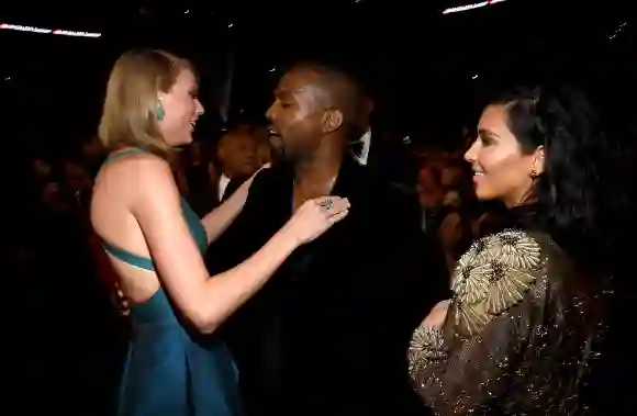 Taylor Swift, Kanye West and Kim Kardashian attend The 57th Annual GRAMMY Awards on February 8, 2015 in Los Angeles, California.