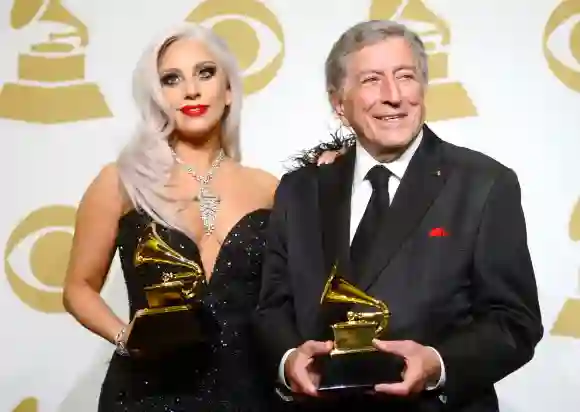 Lady Gaga and Tony Bennett pose in the press room during The 57th Annual GRAMMY Awards, February 8, 2015.