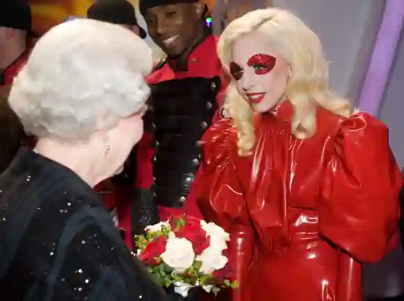 Queen Elizabeth II meets American singer Lady Gaga following the Royal Variety Performance, December 7, 2009.