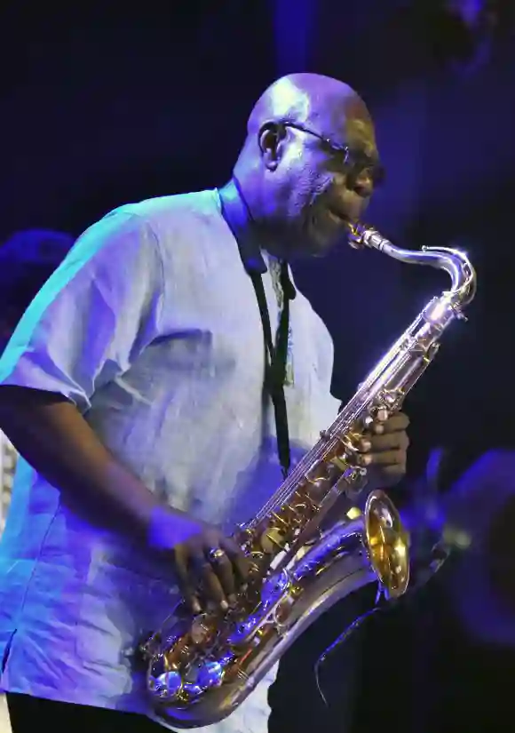 Emmanuel N'Djoke Dibango, known as Manu Dibango, saxophonist and Franco-Cameroonian singer of world jazz, performs during his concert on June 29, 2018