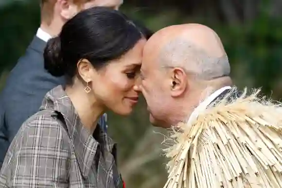 The Duchess of Sussex performing the traditional greeting the 'Hongi' in Wellington, New Zealand
