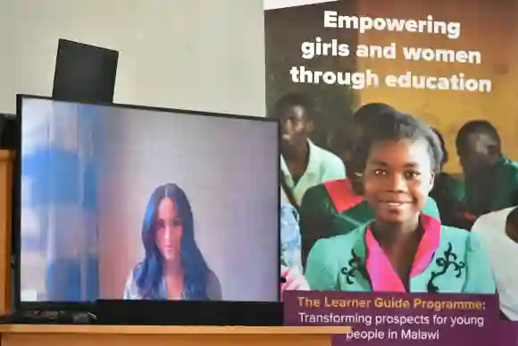 Duchess Meghan appearing via Skype as Prince Harry visits the Nalikule College of Education on day seven of the royal tour of Africa on September 29, 2019 in Lilongwe, Malawi.
