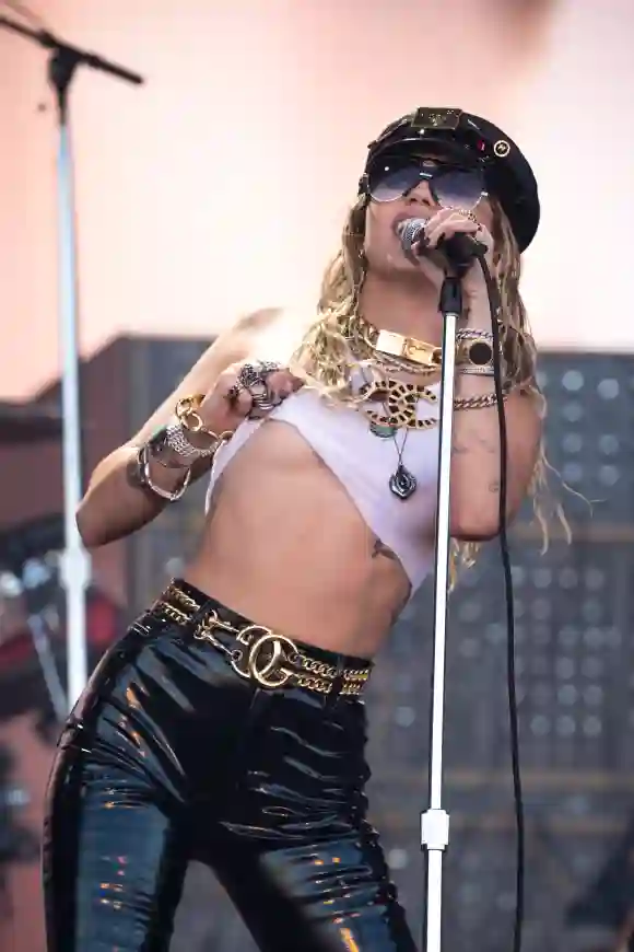 Miley Cyrus performs on the Pyramid stage on day five of Glastonbury Festival at Worthy Farm, Pilton on June 30, 2019