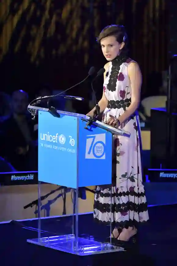 Millie Bobby Brown speaks on stage during UNICEF's 70th Anniversary Event at United Nations Headquarters on December 12, 2016 in New York City