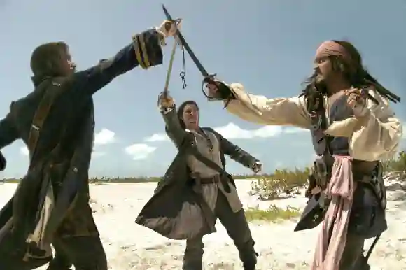 'Pirates of the Carribean - Dead Man's Chest': Jack Davenport, Orlando Bloom and Johnny Depp