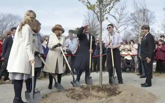 Camilla, Duchess of Cornwall and Prince Charles, Prince of Wales participate in planting an Ivory Silk Lilac tree in the heart of the walkway on day one of the Platinum Jubilee Royal Tour of Canada, May 17, 2022.