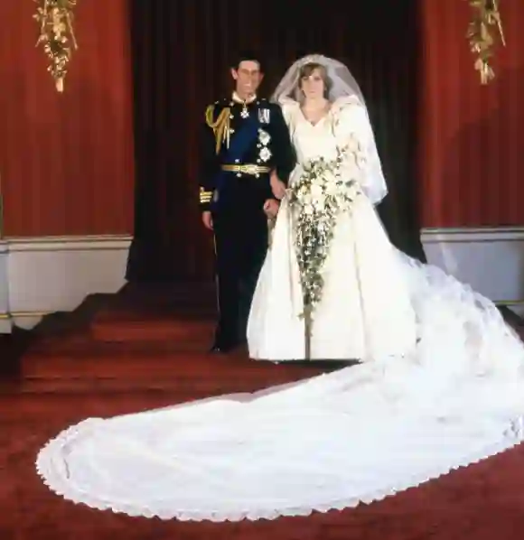 Prince Charles and Princess Diana pose for an official portrait on their wedding day