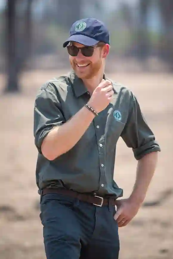 Prince Harry watches an anti-poaching demonstration exercise conducted jointly by local rangers and UK military deployed on Operation CORDED on September 30, 2019 in Malawi.