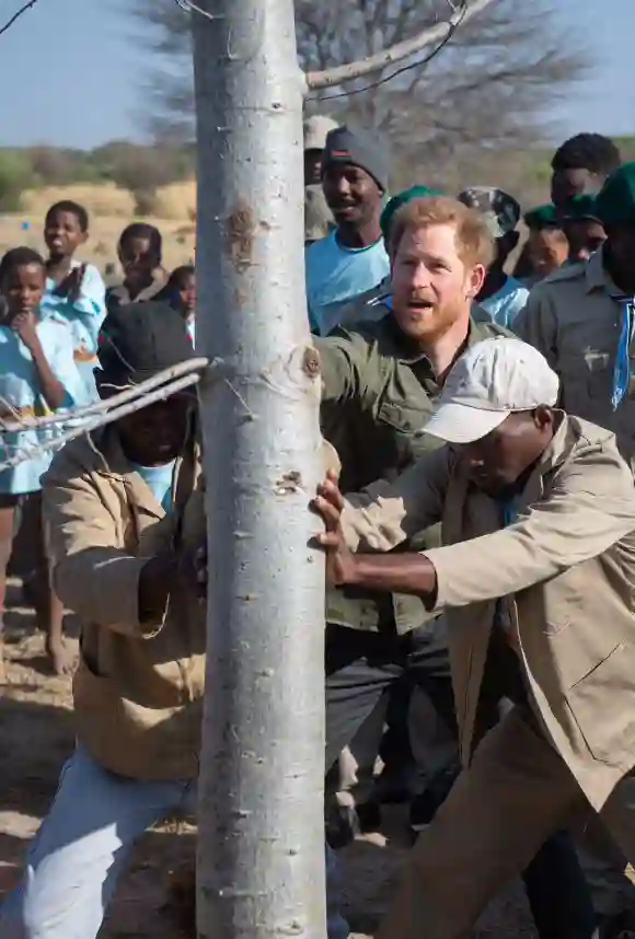 Prince Harry helps local schoolchildren to plant trees at the Chobe Tree Reserve in Chobe district, in the Northern Botswana on September 26, 2019.