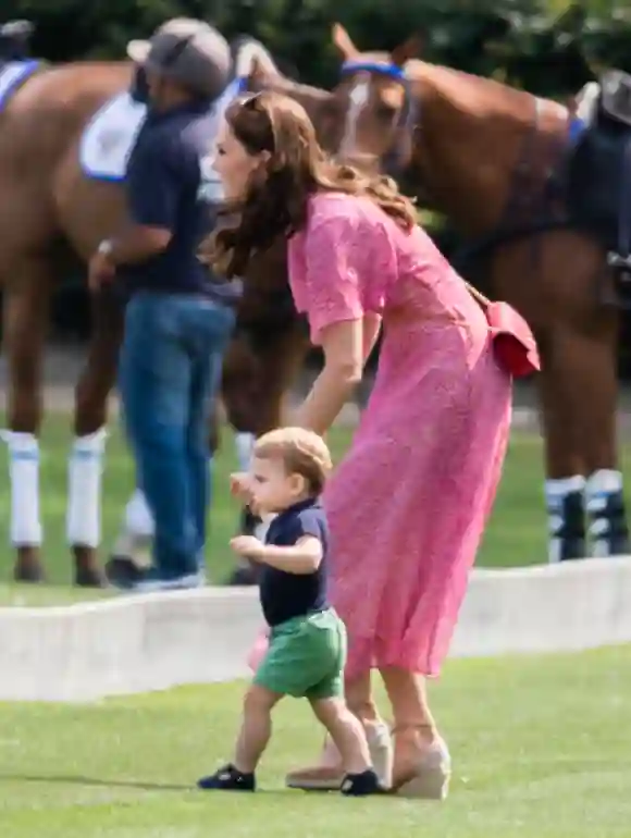 Duchess of Cambridge and Prince Louis attend The King Power Royal Charity Polo Day at Billingbear Polo Club on July 10, 2019 in Wokingham, England