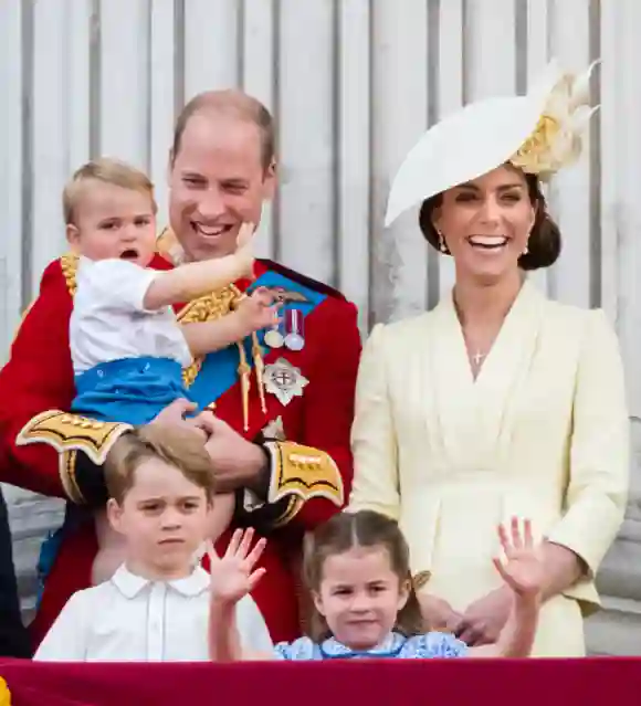 Prince Louis, Prince George, Prince William, Princess Charlotte and Duchess Catherine Trooping The Colour