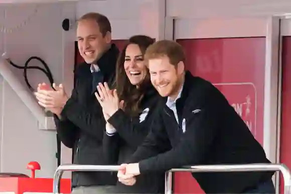 Kate, Duchess of Cambridge, William, Duke of Cambridge, Prince Harry, at Londons marathon, Blackheath, London.