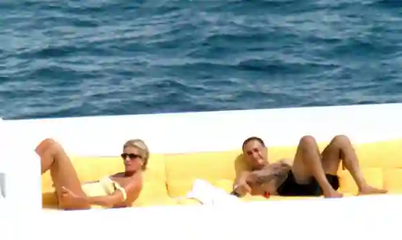 Princess Diana and Dodi Fayed out on a yacht in Portofino, Italy