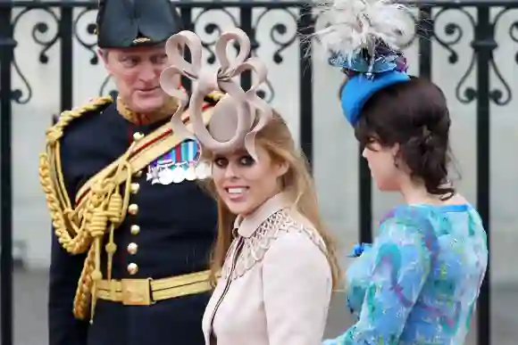 Princess Beatrice of York and Princess Eugenie of York arrive at the Royal Wedding of Prince William to Catherine Middleton, April 29, 2011.