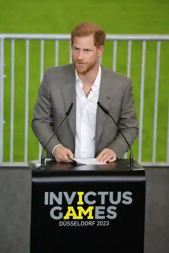 Prince Harry gives his speech in the Merkur Spiel-Arena in Düsseldorf