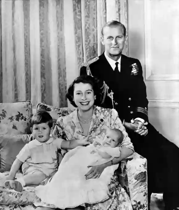 Queen Elizabeth II, Prince Philip, Prince Charles and Princess Anne in 1950