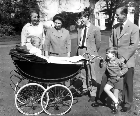Princess Anne, Prince Edward, Queen Elizabeth, Prince Charles, Prince Andrew, and Prince Philip in 1965.