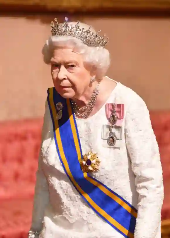 Queen Elizabeth II attends a State Banquet at Buckingham Palace in London on October 23, 2018