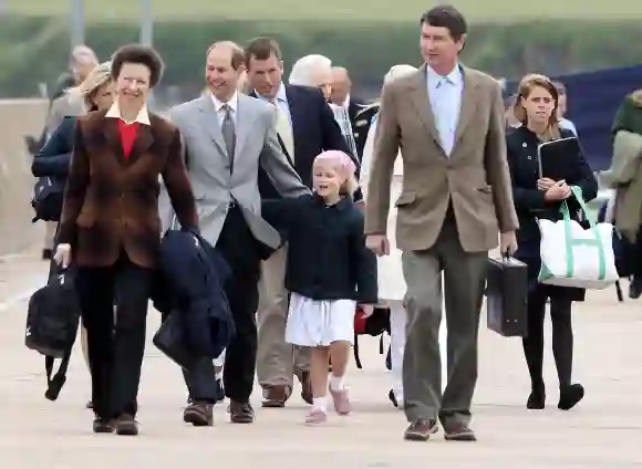 Sophie, Countess of Wessex, Princess Anne, Princess Royal, Prince Edward, Earl of Wessex, Peter Phillips, Lady Louise Windsor, Tim Laurence, and Princess Beatrice and Princess Eugenie disembark the Hebridean Princess, August 2, 2010.