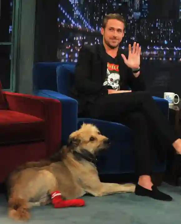 Ryan Gosling along with his dog George visits "Late Night With Jimmy Fallon" at Rockefeller Center on July 20, 2011