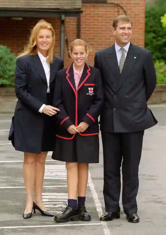 Sarah Ferguson, Princess Beatrice, and Prince Andrew on her first day of school at St. George's September 6, 2000, in Ascot, England.