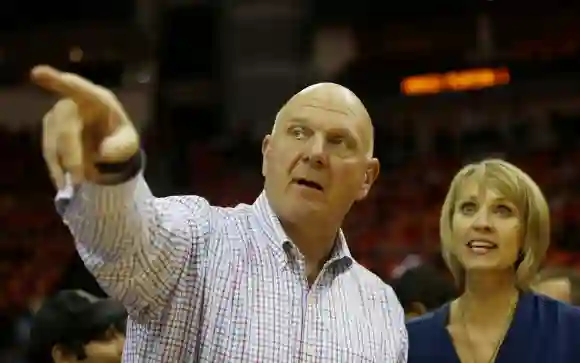 Steve Ballmer and his wife Connie Snyder look on prior to Game Seven of the Western Conference Semifinals against the Houston Rockets, May 17, 2015.