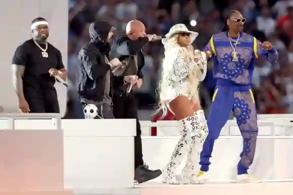 50 Cent, Eminem, Dr. Dre, Mary J. Blige and Snoop Dogg at the Super Bowl Show 2021