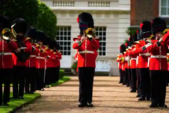 The Band of the Coldstream Guards in the gardens of Clarence House, July 6, 2021.