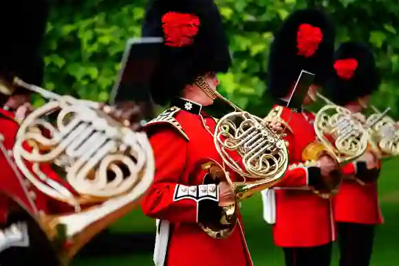 The Band of the Coldstream Guards in the gardens of Clarence House, July 6, 2021.