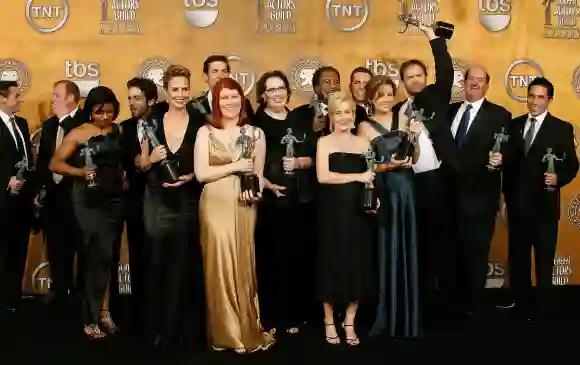 The cast of "The Office" pose with the awards for Outstanding Performance by an Ensemble in a Comedy Series for "The Office" during the 14th annual Screen Actors Guild awards on January 27, 2008 in Los Angeles, California.